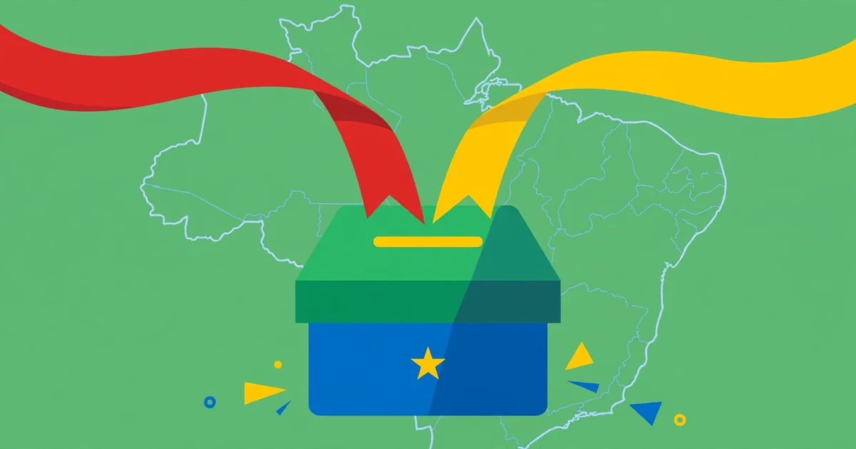 Flat vector editorial illustration of a ballot box in green, yellow and blue with red and yellow campaign ribbons converging above it over a faint map of Brazil