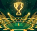 Conceptual illustration of a floodlit cricket stadium at night with a glowing trophy silhouette in the sky and a ticket stub graphic, in green and gold tones