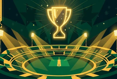 Conceptual illustration of a floodlit cricket stadium at night with a glowing trophy silhouette in the sky and a ticket stub graphic, in green and gold tones