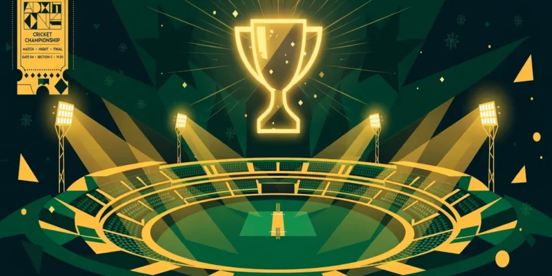 Conceptual illustration of a floodlit cricket stadium at night with a glowing trophy silhouette in the sky and a ticket stub graphic, in green and gold tones