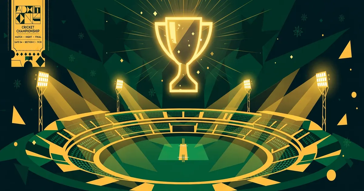 Conceptual illustration of a floodlit cricket stadium at night with a glowing trophy silhouette in the sky and a ticket stub graphic, in green and gold tones