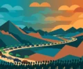 Conceptual vector illustration of a vehicle convoy with green flags winding through mountain hills at dusk, with abstract crowd silhouettes in the foreground