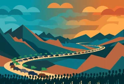 Conceptual vector illustration of a vehicle convoy with green flags winding through mountain hills at dusk, with abstract crowd silhouettes in the foreground