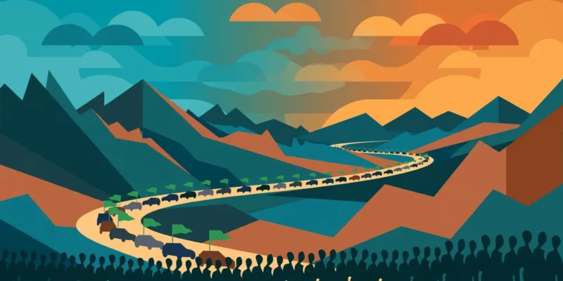Conceptual vector illustration of a vehicle convoy with green flags winding through mountain hills at dusk, with abstract crowd silhouettes in the foreground