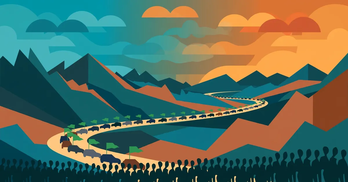 Conceptual vector illustration of a vehicle convoy with green flags winding through mountain hills at dusk, with abstract crowd silhouettes in the foreground
