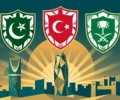 Abstract illustration of three shields representing Pakistan, Türkiye and Saudi Arabia over a stylised Riyadh skyline for the Mecca defence pact meeting