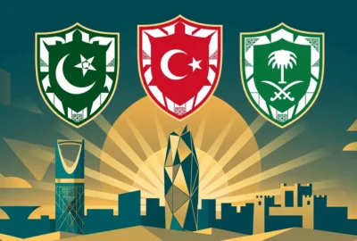 Abstract illustration of three shields representing Pakistan, Türkiye and Saudi Arabia over a stylised Riyadh skyline for the Mecca defence pact meeting