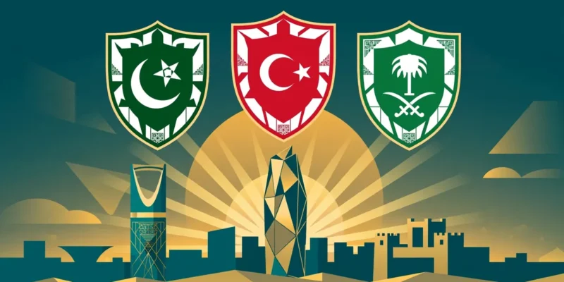 Abstract illustration of three shields representing Pakistan, Türkiye and Saudi Arabia over a stylised Riyadh skyline for the Mecca defence pact meeting