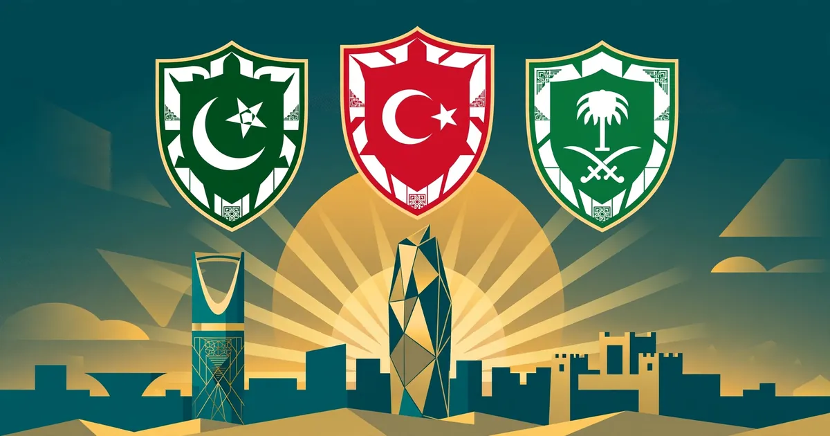 Abstract illustration of three shields representing Pakistan, Türkiye and Saudi Arabia over a stylised Riyadh skyline for the Mecca defence pact meeting