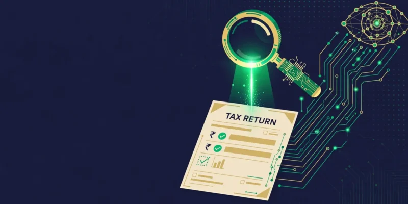 AI-powered tax return checking: FBR illustration showing artificial intelligence scanning an income tax return.