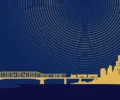 Abstract night-time illustration of a train arriving toward a stylised Kyiv skyline with a bridge and siren-wave motifs — symbolic artwork, not a photograph