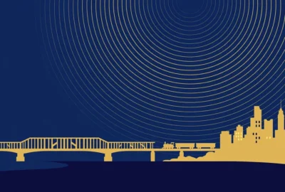 Abstract night-time illustration of a train arriving toward a stylised Kyiv skyline with a bridge and siren-wave motifs — symbolic artwork, not a photograph