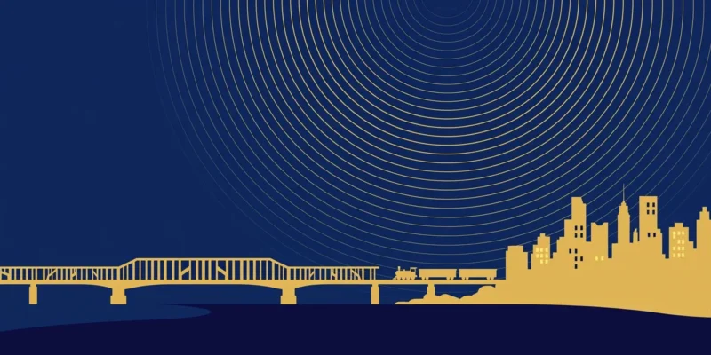 Abstract night-time illustration of a train arriving toward a stylised Kyiv skyline with a bridge and siren-wave motifs — symbolic artwork, not a photograph