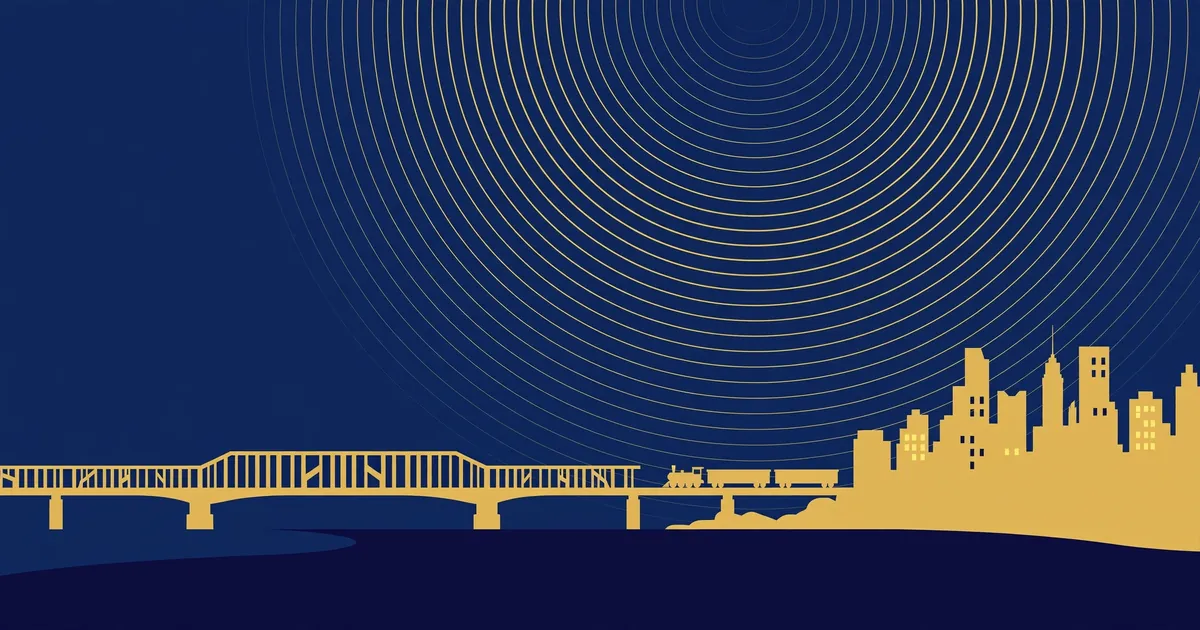 Abstract night-time illustration of a train arriving toward a stylised Kyiv skyline with a bridge and siren-wave motifs — symbolic artwork, not a photograph
