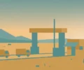 Conceptual illustration of cargo trucks passing through a desert border checkpoint gate at dawn