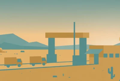 Conceptual illustration of cargo trucks passing through a desert border checkpoint gate at dawn