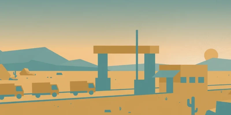 Conceptual illustration of cargo trucks passing through a desert border checkpoint gate at dawn