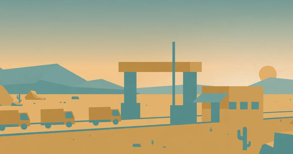 Conceptual illustration of cargo trucks passing through a desert border checkpoint gate at dawn