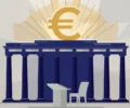 Flat illustration of a stylised central-bank building with columns, a large gold euro symbol above it, and an empty podium chair in front