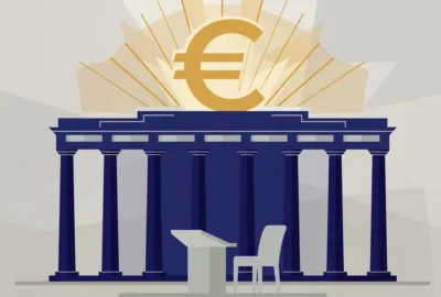 Flat illustration of a stylised central-bank building with columns, a large gold euro symbol above it, and an empty podium chair in front