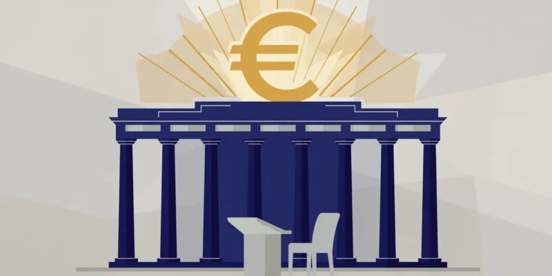 Flat illustration of a stylised central-bank building with columns, a large gold euro symbol above it, and an empty podium chair in front