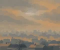 Conceptual illustration of a city skyline blurred by thick grey-orange smog, with a pale sun behind the haze