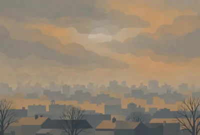 Conceptual illustration of a city skyline blurred by thick grey-orange smog, with a pale sun behind the haze