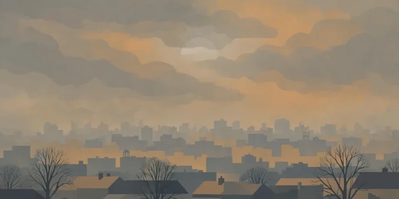 Conceptual illustration of a city skyline blurred by thick grey-orange smog, with a pale sun behind the haze