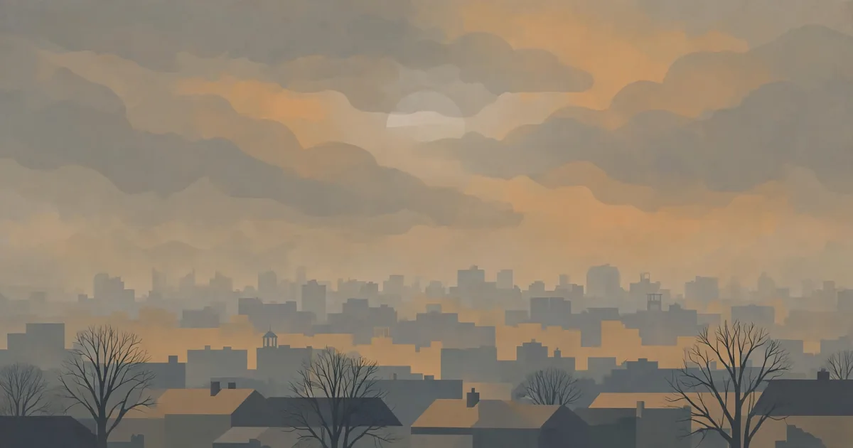 Conceptual illustration of a city skyline blurred by thick grey-orange smog, with a pale sun behind the haze