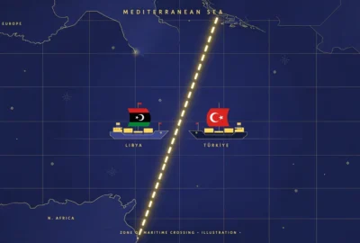 Flat editorial illustration showing stylised Libyan and Turkish ships on a map of the Mediterranean divided by a dashed maritime boundary line