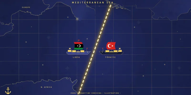Flat editorial illustration showing stylised Libyan and Turkish ships on a map of the Mediterranean divided by a dashed maritime boundary line