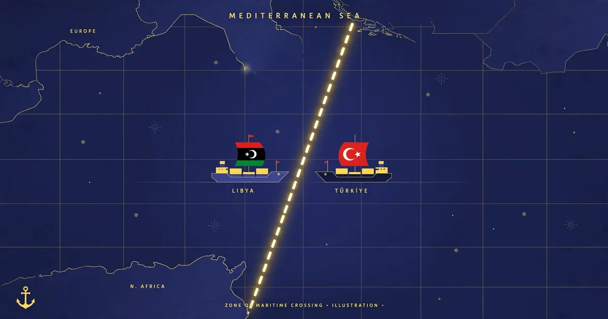 Flat editorial illustration showing stylised Libyan and Turkish ships on a map of the Mediterranean divided by a dashed maritime boundary line