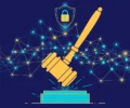 Flat editorial illustration of a judge's gavel over a glowing network of data nodes, with a padlock shield motif, on a deep navy background