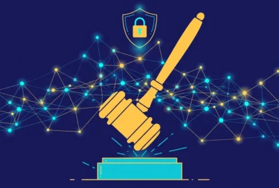 Flat editorial illustration of a judge's gavel over a glowing network of data nodes, with a padlock shield motif, on a deep navy background