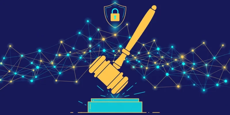 Flat editorial illustration of a judge's gavel over a glowing network of data nodes, with a padlock shield motif, on a deep navy background