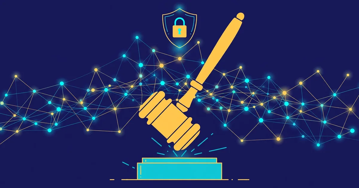 Flat editorial illustration of a judge's gavel over a glowing network of data nodes, with a padlock shield motif, on a deep navy background