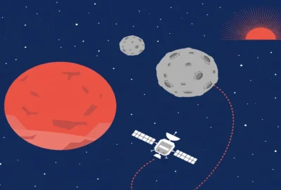 Flat editorial illustration of Mars with its moon Phobos and a small spacecraft following a dotted trajectory, on a navy starfield