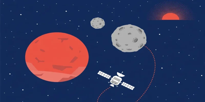 Flat editorial illustration of Mars with its moon Phobos and a small spacecraft following a dotted trajectory, on a navy starfield