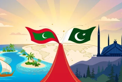 Illustration of Maldives and Pakistan flags meeting over a red carpet between a tropical Maldives atoll and Islamabad's Faisal Mosque, marking President Muizzu's state visit