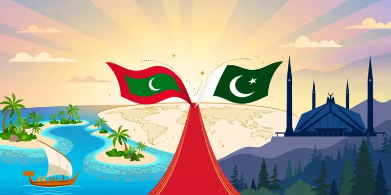 Illustration of Maldives and Pakistan flags meeting over a red carpet between a tropical Maldives atoll and Islamabad's Faisal Mosque, marking President Muizzu's state visit