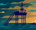 Stylised illustration of a jack-up oil rig tilting at sea with a rescue helicopter and vessel nearby