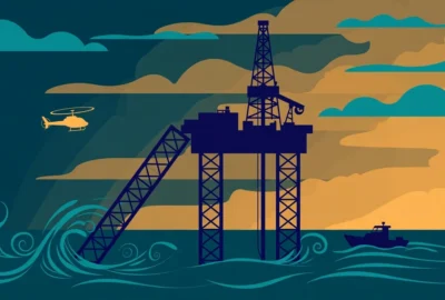 Stylised illustration of a jack-up oil rig tilting at sea with a rescue helicopter and vessel nearby