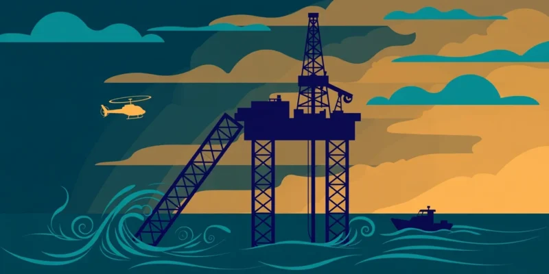 Stylised illustration of a jack-up oil rig tilting at sea with a rescue helicopter and vessel nearby