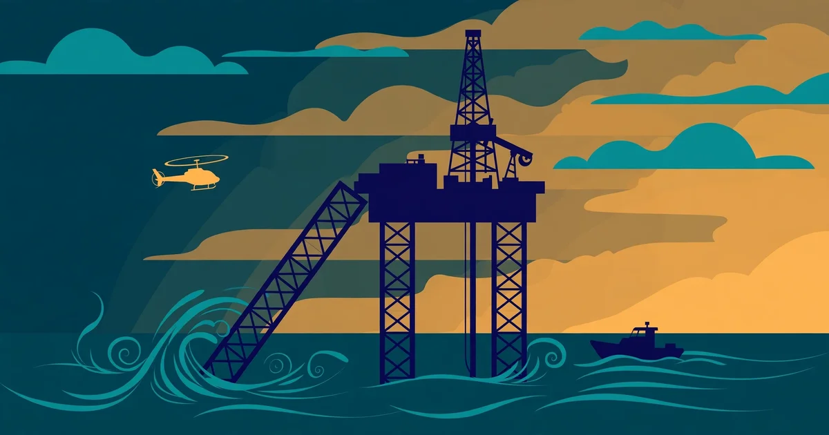 Stylised illustration of a jack-up oil rig tilting at sea with a rescue helicopter and vessel nearby