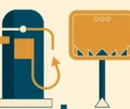 Conceptual illustration of a fuel pump beside a price board with an upward arrow, in teal and amber