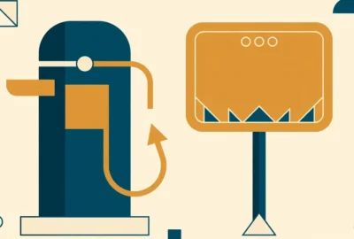 Conceptual illustration of a fuel pump beside a price board with an upward arrow, in teal and amber