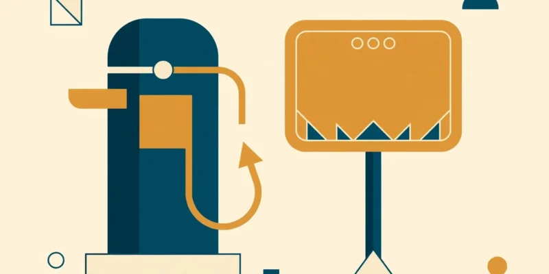 Conceptual illustration of a fuel pump beside a price board with an upward arrow, in teal and amber
