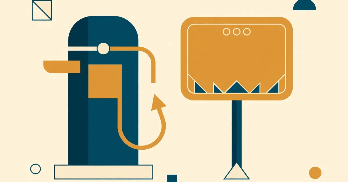 Conceptual illustration of a fuel pump beside a price board with an upward arrow, in teal and amber