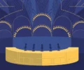 Flat conceptual illustration of a curved conference podium with microphones against a deep blue assembly-hall backdrop