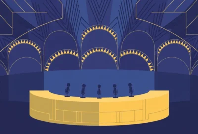 Flat conceptual illustration of a curved conference podium with microphones against a deep blue assembly-hall backdrop